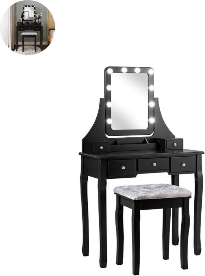 GranMaison Kaptafel met spiegel en verlichting Make up tafel Make up Toilettafel Met lades 80cm x 40cm x 135 5cm (L x B x H) Zwart