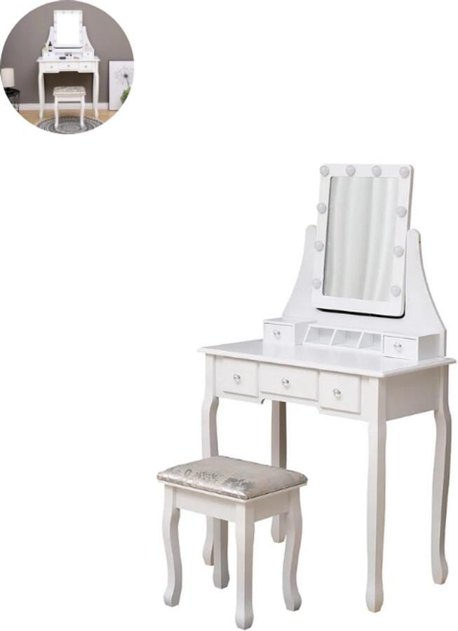 GranMaison Kaptafel met spiegel en verlichting Make up tafel Make up Toilettafel Met lades 80cm x 40cm x 135 5cm (L x B x H) Wit