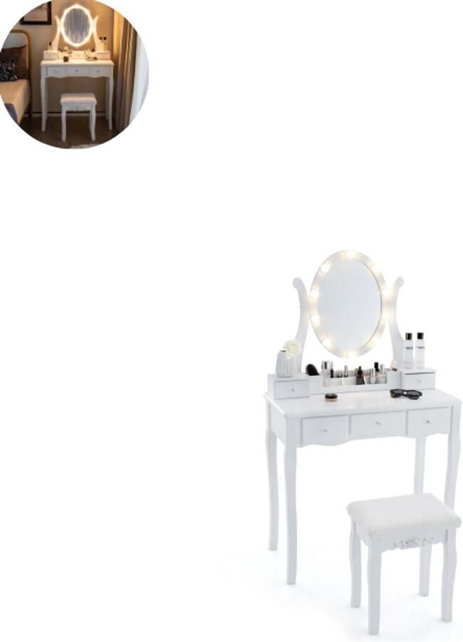 GranMaison Kaptafel met spiegel en verlichting Make up tafel Make up Toilettafel -Met lades Kaptafels Met kast Wit