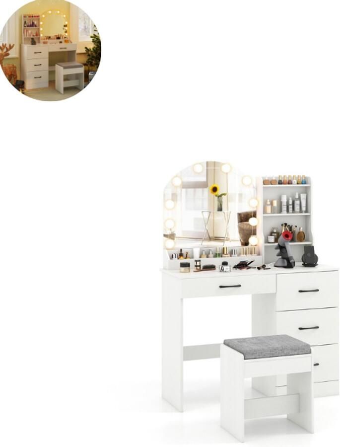 GranMaison Kaptafel met spiegel en verlichting Make up tafel Make up Toilettafel -Met lades Kaptafels Met kast Wit