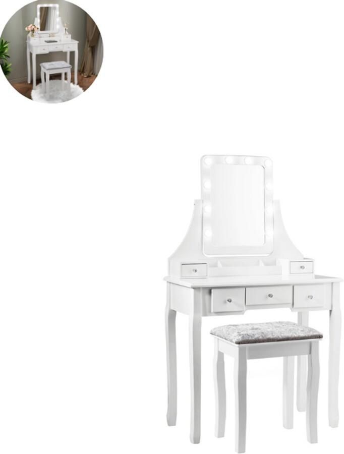 GranMaison Kaptafel met spiegel en verlichting Make up tafel Make up Toilettafel -Met lades Kaptafels Met kast Wit