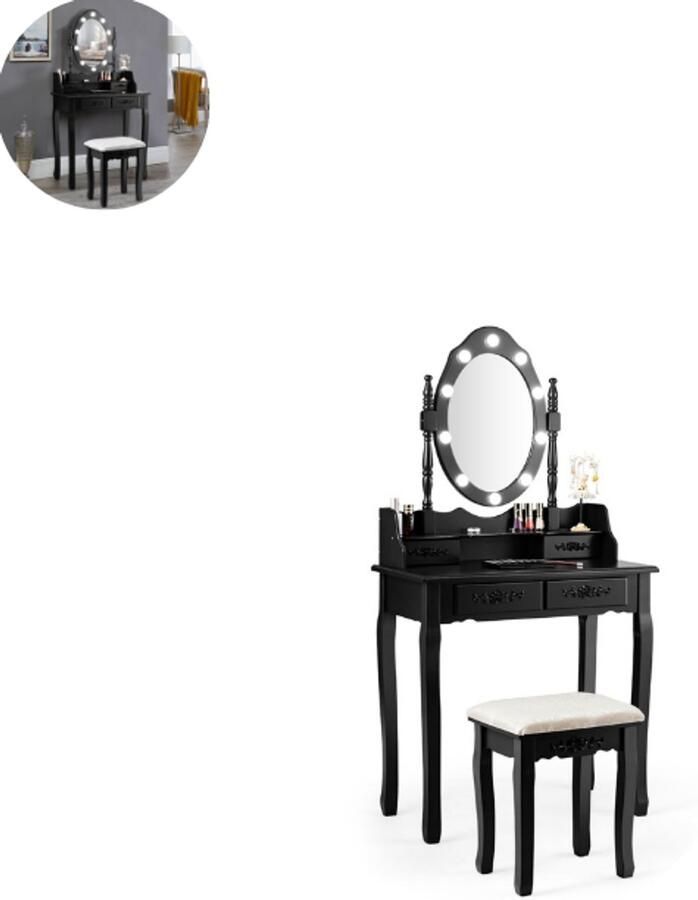 GranMaison Kaptafel met spiegel en verlichting Make up tafel Make up Toilettafel -Met lades Kaptafels Met kast Zwart