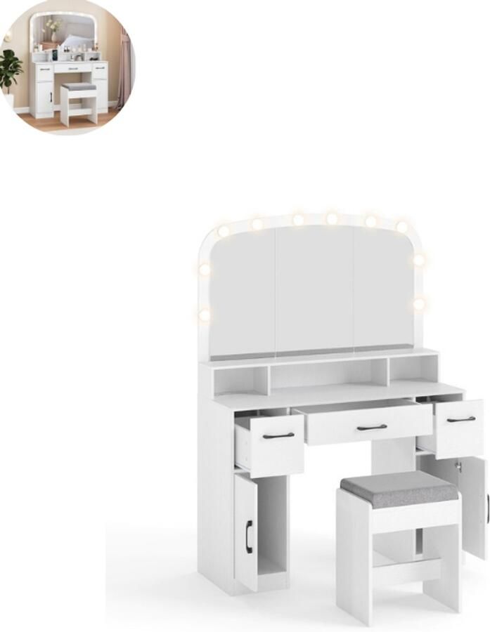 GranMaison Kaptafel met spiegel en verlichting Make up tafel Make up Toilettafel -Met lades Kaptafels Met kast Wit