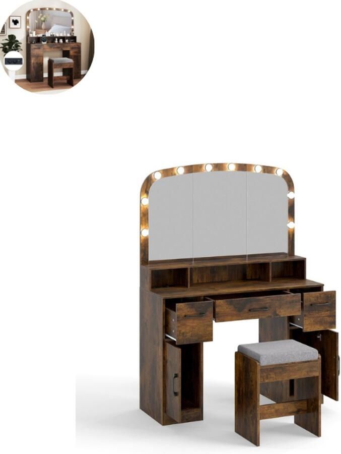 GranMaison Kaptafel met spiegel en verlichting Make up tafel Make up Toilettafel -Met lades Kaptafels Met kast Rustiek bruin