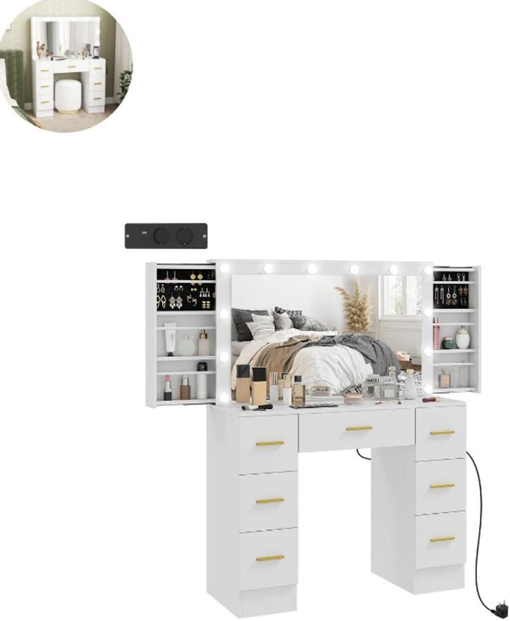 GranMaison Kaptafel met spiegel en verlichting Make up tafel Make up Toilettafel Met lades Wit