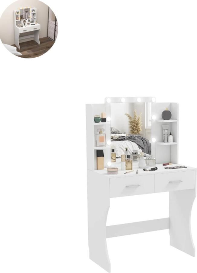 GranMaison Kaptafel met spiegel en verlichting Make up tafel Make up Toilettafel Met lades Wit