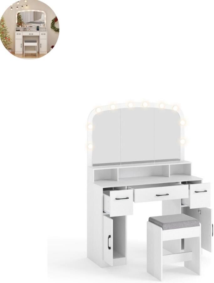 GranMaison Kaptafel met spiegel en verlichting Make up tafel Make up Toilettafel Met lades Wit