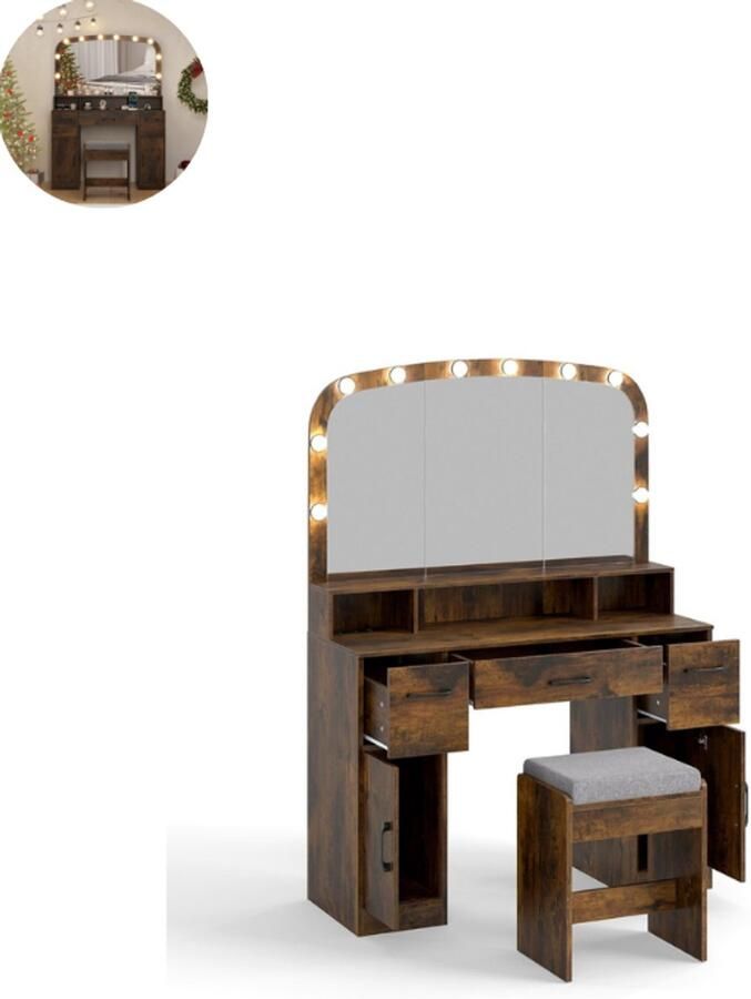 GranMaison Kaptafel met spiegel en verlichting Make up tafel Make up Toilettafel Met lades Rustiek bruin