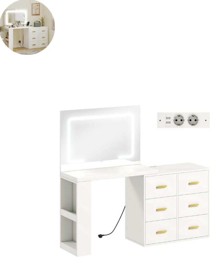 GranMaison Kaptafel met spiegel en verlichting Make up tafel Make up Toilettafel -Met lades Kaptafels Met kast Wit