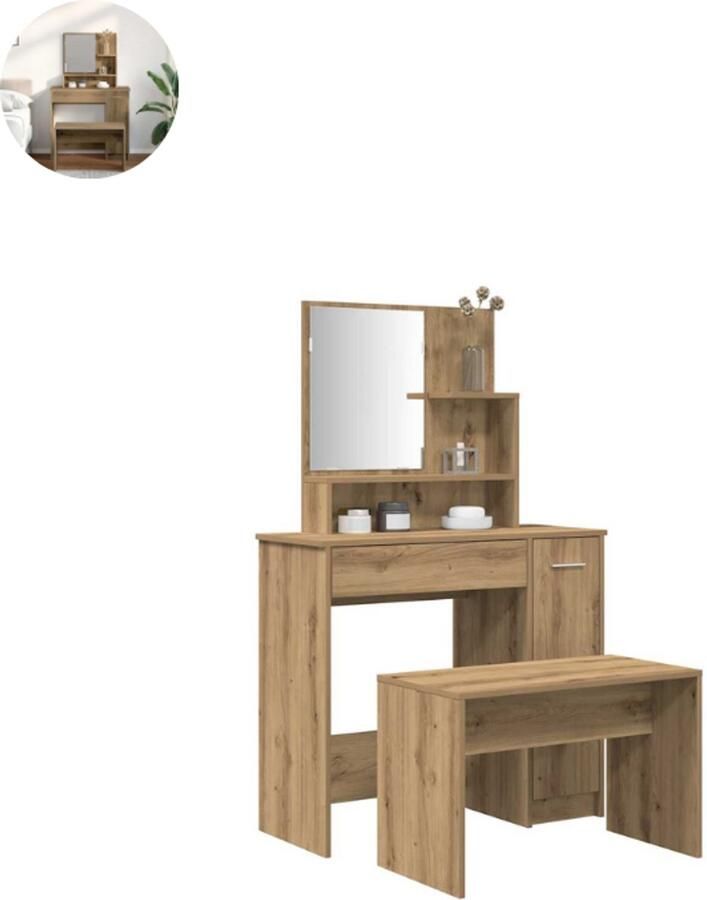 GranMaison Kaptafel met spiegel Make up tafel Make up Toilettafel Met lades Artisanaal Eiken