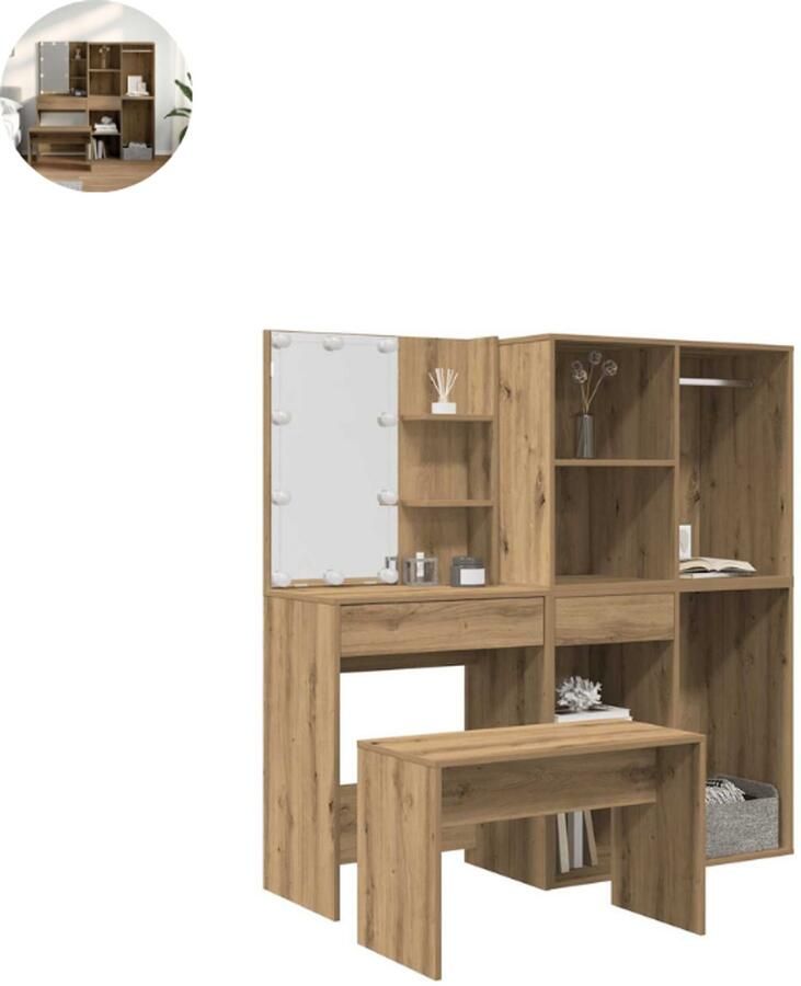 GranMaison Kaptafel met spiegel Make up tafel Make up Toilettafel Met lades Met LED-verlichting Artisanaal Eiken