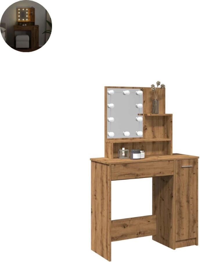 GranMaison Kaptafel met spiegel Make up tafel Make up Toilettafel Met lades Met LED-Verlichting Artisanaal Eiken