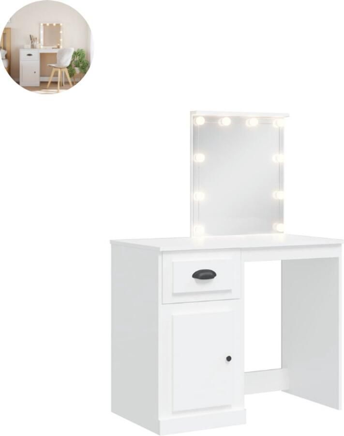 GranMaison Kaptafel met spiegel Make up tafel Make up Toilettafel Met lades Met LED-Verlichting Kaptafel met spiegel Make up tafel Make up Toilettafel Met lades Met LED-Verlichting Wit