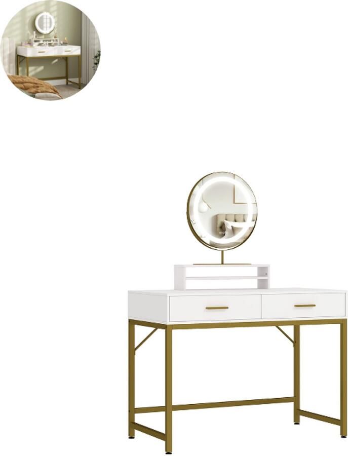 GranMaison Kaptafel met spiegel Make up tafel Make up Toilettafel Met lades Wit+Goud