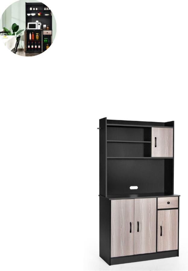GranMaison Magnetronkast Keukenkast Keukenrek Staand Ovenkast 100L x 40B x 180H cm Organizers Dubbele Draagplank Aanrecht Organiser Zwart + Notenhout