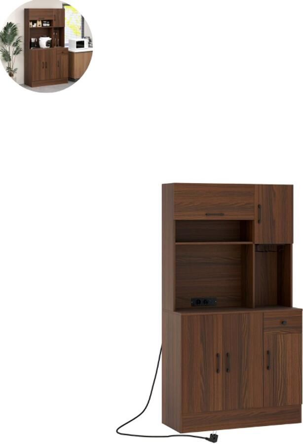 GranMaison Magnetronkast Keukenkast Keukenrek Staand Ovenkast 90L x 39B x 167H cm Organizers Dubbele Draagplank Aanrecht Organiser Bruin