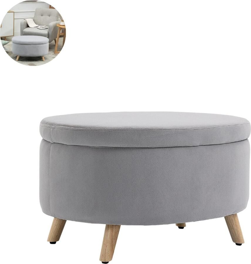 GranMaison Poef Met opbergruimte Voetenbankje Hocker op pootjes Ovale Vorm Moderne Kruk Hout Lichtgrijs 71 x 51 5 x 42 cm