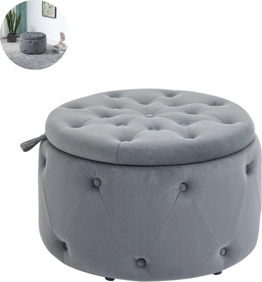 GranMaison Poef Met opbergruimte Voetenbankje Hocker op pootjes Rond Moderne Kruk Grijs 60 x 40 x 40 cm