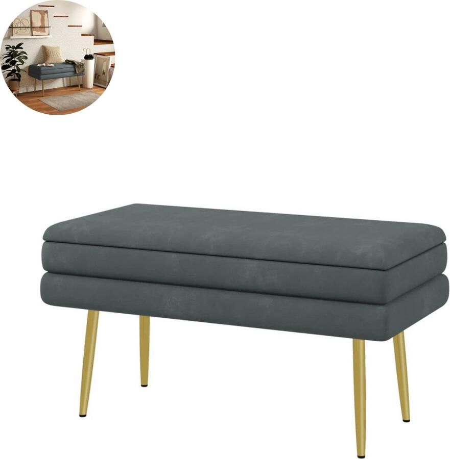 GranMaison Zitbank Met Opbergruimte Hocker Opbergbank Bank met Armleuningen Halbankje Opklapbaar Deksel Zachte Zitting 9 5 cm x 37 5 cm x 43 cm Donkergrijs