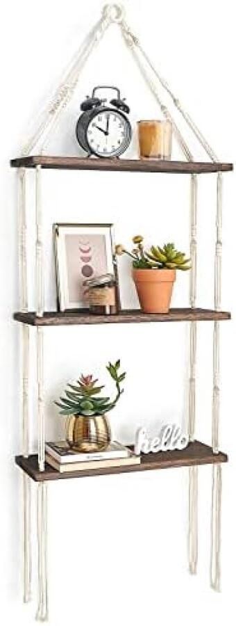 Gravora Drie-laags zwevend wandrek met macramé touw Bohemien wanddecoratie