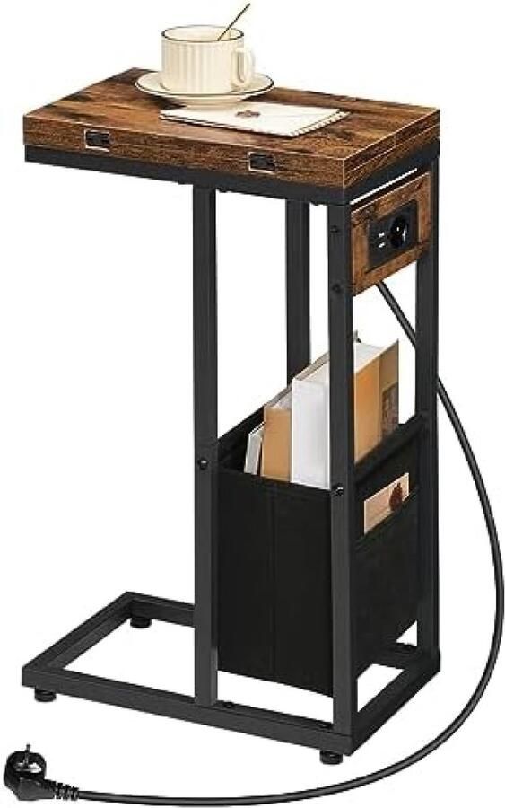 ST TRADING C-vormige inklapbare bijzettafel met laadstation salontafel met stoffen opbergtas nachtkastje met stopcontact en 2 USB-poorten voor woonkamer vintage bruin en zwart