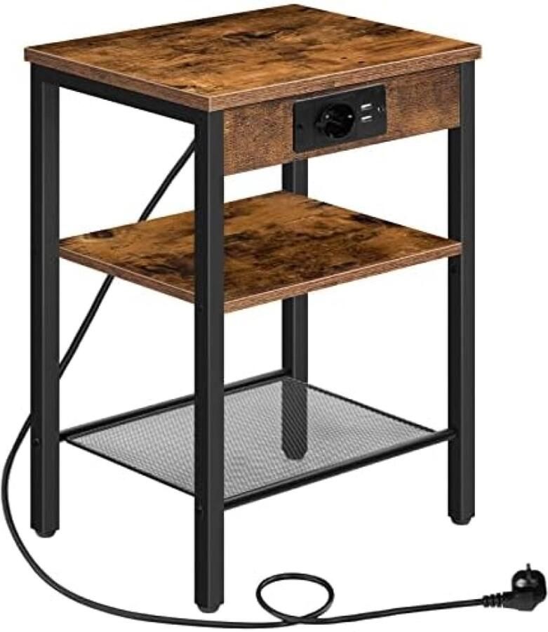 Gravora Smalle Bijzettafel met Oplaadstation en Verstelbare Planken