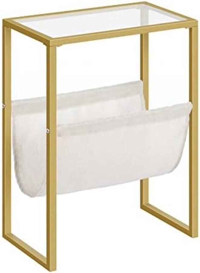 Gravora Smalle Bijzettafel met Tijdschriftenhouder Gouden Glazen Tafel voor Kleine Ruimtes