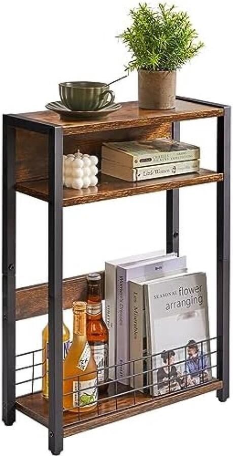 Gravora Smalle Drieplanken Bijzettafel met Gaasrek Ruimtebesparend Meubel