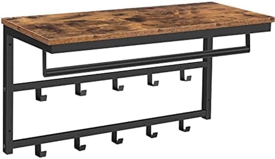 PromoHome Wandgarderobe met Legbord Industriële Wandkast met 10 Haken en Stangen Multifunctioneel Wandrek voor Hal Woonkamer en Slaapkamer Vintage Bruin-Zwart Design 80x30x42 cm