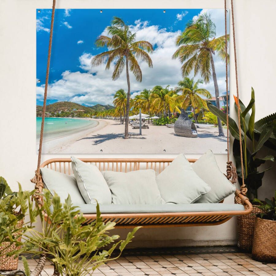 GreatGardenPosters Muurdecoratie buiten Strand Ligbed Palmbomen 160x120 cm Tuindoek Buitenposter