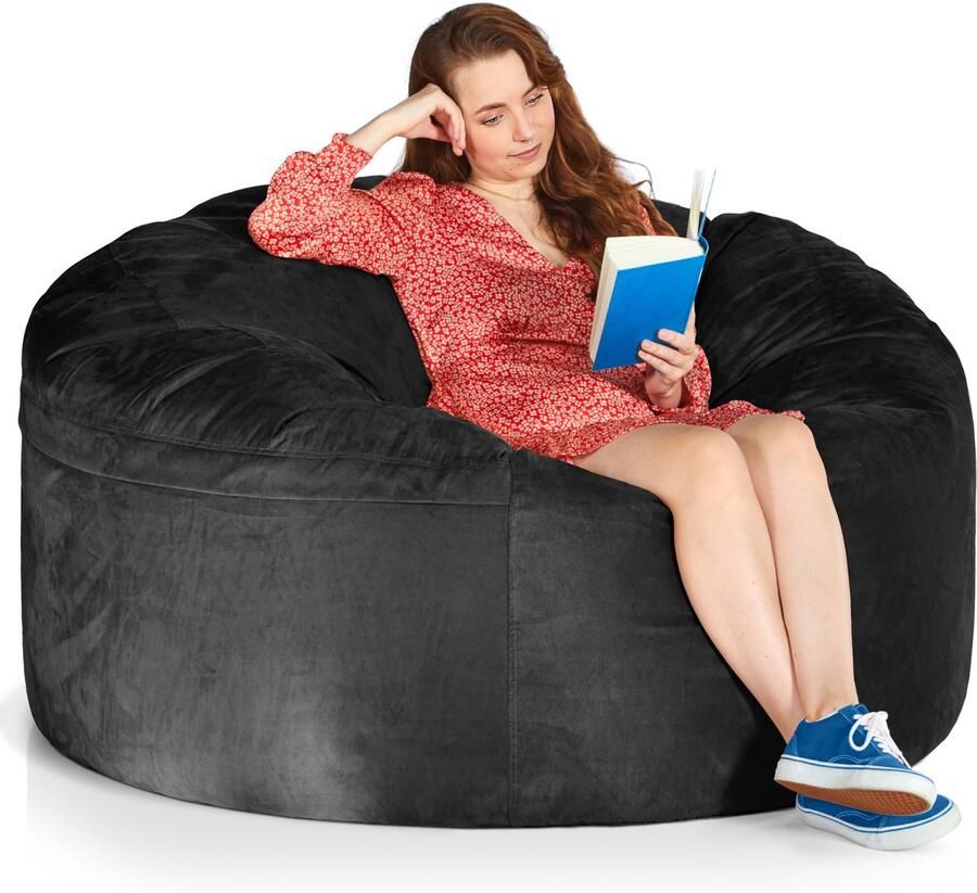 Green Bean Grean Bean Jumbo Max reuzenzitzak met memory foam vlokkenvulling – XXL zitzak van zacht velours in 5ft (150x120cm) zwart – wasbare en comfortabele lounge zitzak voor binnen