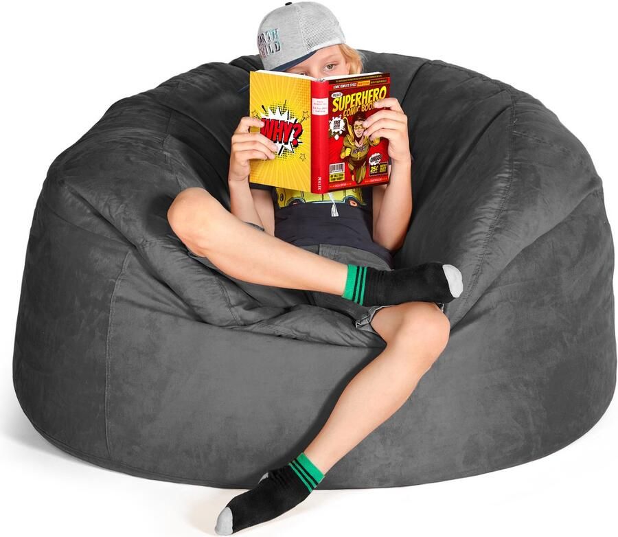 Green Bean Grean Bean Jumbo Max reuzenzitzak met memory foam vlokkenvulling – XXL zitzak van zacht velours in 4ft (120x70cm) donkergrijs – wasbare en comfortabele lounge zitzak voor binnen