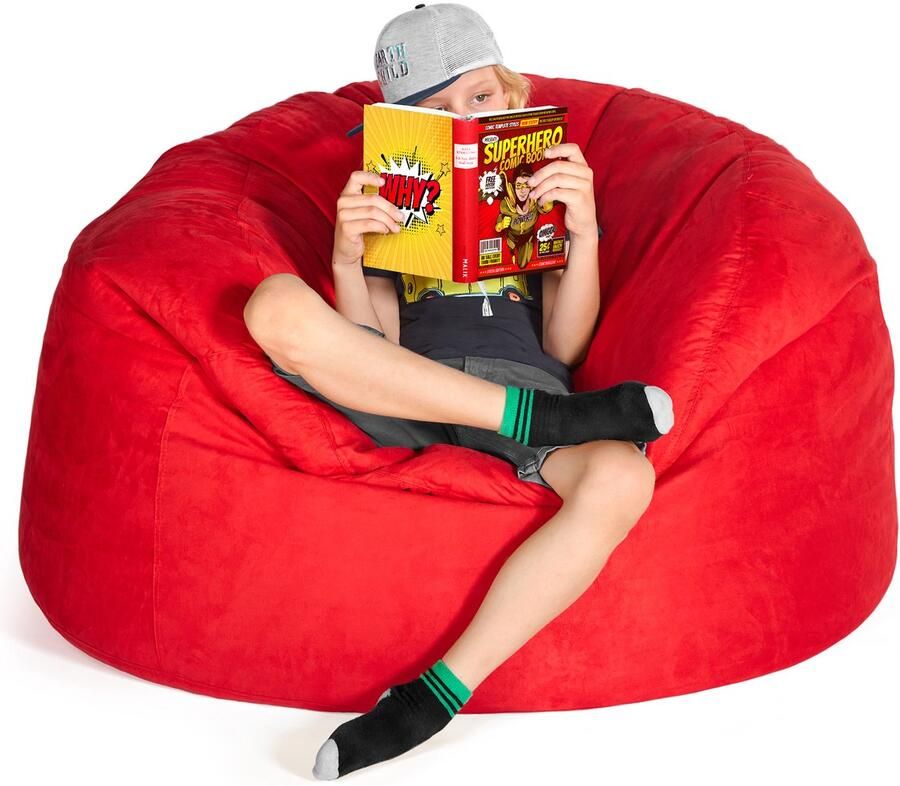 Green Bean Grean Bean Jumbo Max reuzenzitzak met memory foam vlokkenvulling – XXL zitzak van zacht velours in 4ft (120x70cm) rood – wasbare en comfortabele lounge zitzak voor binnen