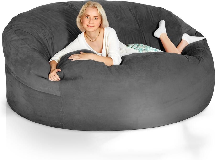 Green Bean Grean Bean Jumbo Max reuzenzitzak met memory foam vlokkenvulling – XXL zitzak van zacht velours in 6ft (180x120cm) donkergrijs – wasbare en comfortabele lounge zitzak voor binnen