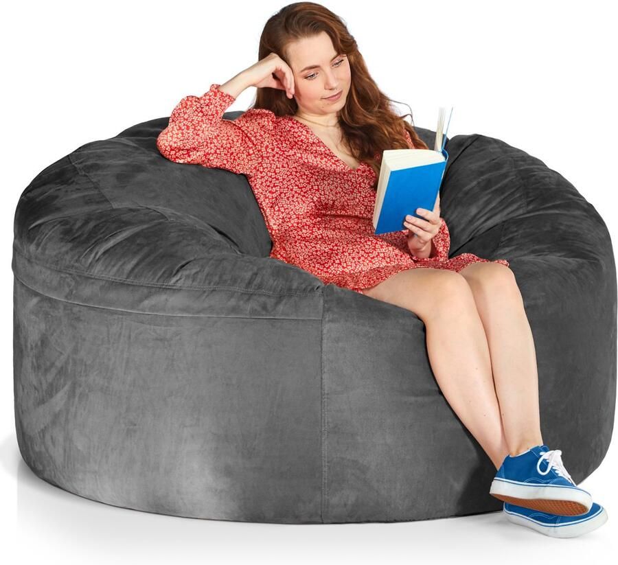 Green Bean Grean Bean Jumbo Max reuzenzitzak met memory foam vlokkenvulling – XXL zitzak van zacht velours in 5ft (150x120cm) donkergrijs – wasbare en comfortabele lounge zitzak voor binnen