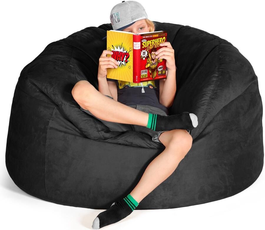 Green Bean Grean Bean Jumbo Max reuzenzitzak met memory foam vlokkenvulling – XXL zitzak van zacht velours in 4ft (120x70cm) zwart – wasbare en comfortabele lounge zitzak voor binnen