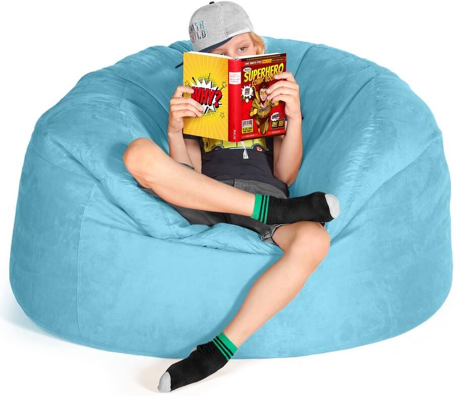 Green Bean Grean Bean Jumbo Max reuzenzitzak met memory foam vlokkenvulling – XXL zitzak van zacht velours in 4ft (120x70cm) lichtblauw – wasbare en comfortabele lounge zitzak voor binnen