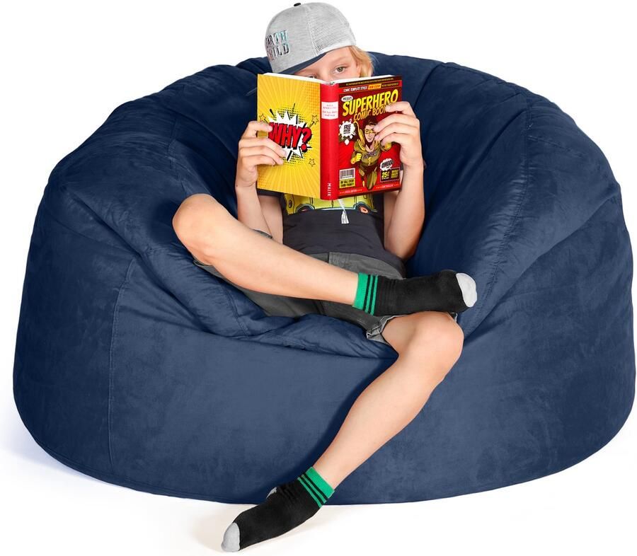 Green Bean Grean Bean Jumbo Max reuzenzitzak met memory foam vlokkenvulling – XXL zitzak van zacht velours in 4ft (120x70cm) donkerblauw – wasbare en comfortabele lounge zitzak voor binnen