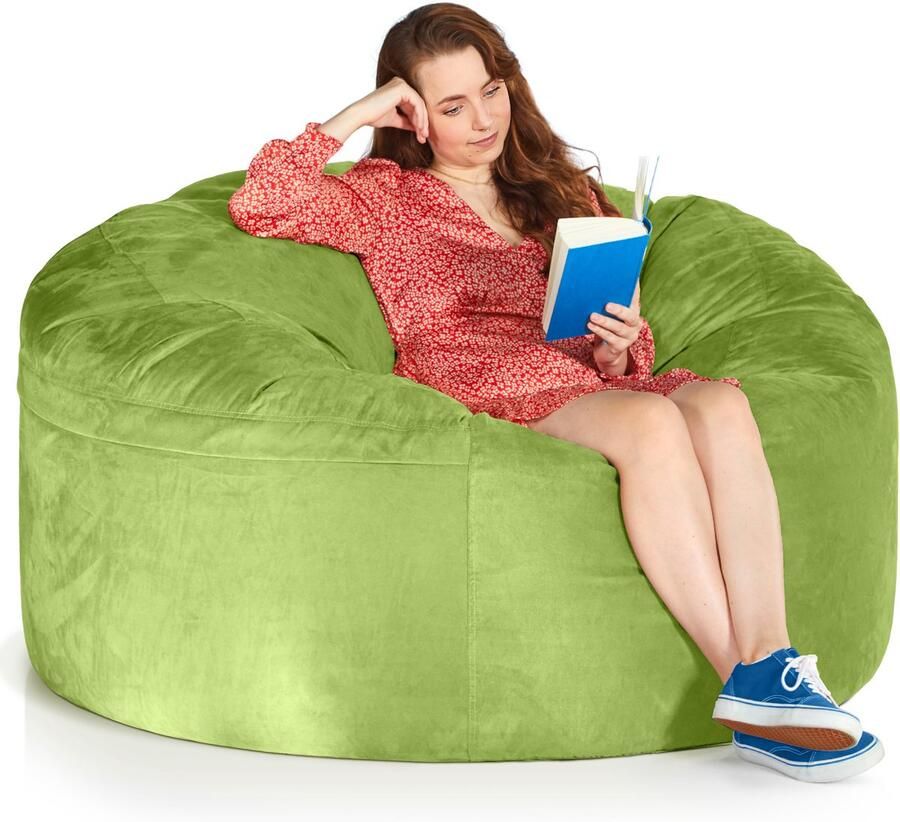 Green Bean Grean Bean Jumbo Max reuzenzitzak met memory foam vlokkenvulling – XXL zitzak van zacht velours in 5ft (150x120cm) groen – wasbare en comfortabele lounge zitzak voor binnen