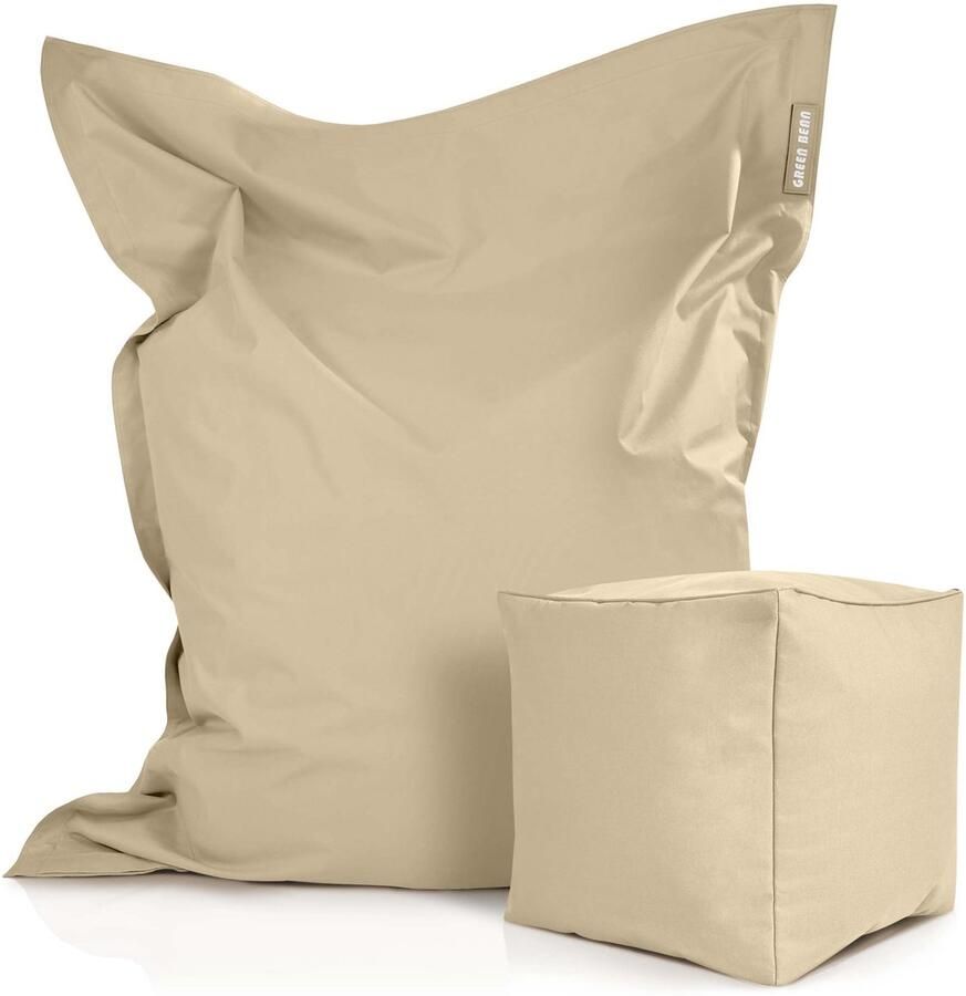 Green Bean XXL reuzenzitzak 140x180cm + kruk 40x40x40cm met EPS-korrelvulling set van 2 zitzakken Square + Cube Beige