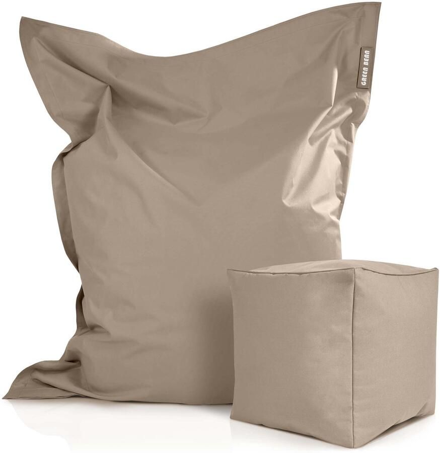 Green Bean XXL reuzenzitzak 140x180cm + kruk 40x40x40cm met EPS-korrelvulling set van 2 zitzakken Square + Cube Taupe