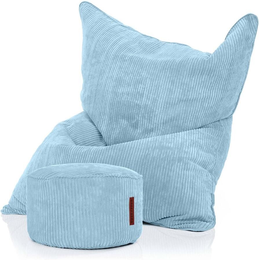 Green Bean XXL zitzak 140x180 cm met voetenbankje – gigantische zitzak van zachte corduroy stof – inclusief voetenbankje 45x25 cm – gevuld met EPS-korrels – lounge zitzak voor volwassenen gamen relaxen woonkamer