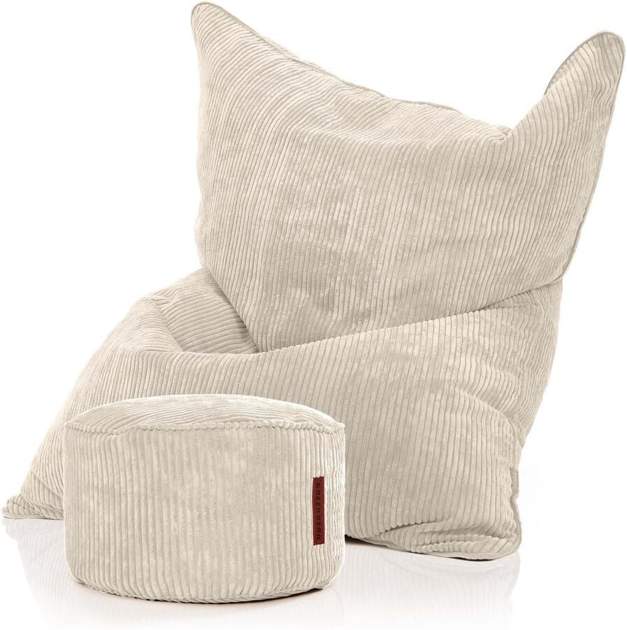 Green Bean XXL zitzak 140x180 cm met voetenbankje – gigantische zitzak van zachte corduroy stof – inclusief voetenbankje 45x25 cm – gevuld met EPS-korrels – lounge zitzak voor volwassenen gamen relaxen woonkamer