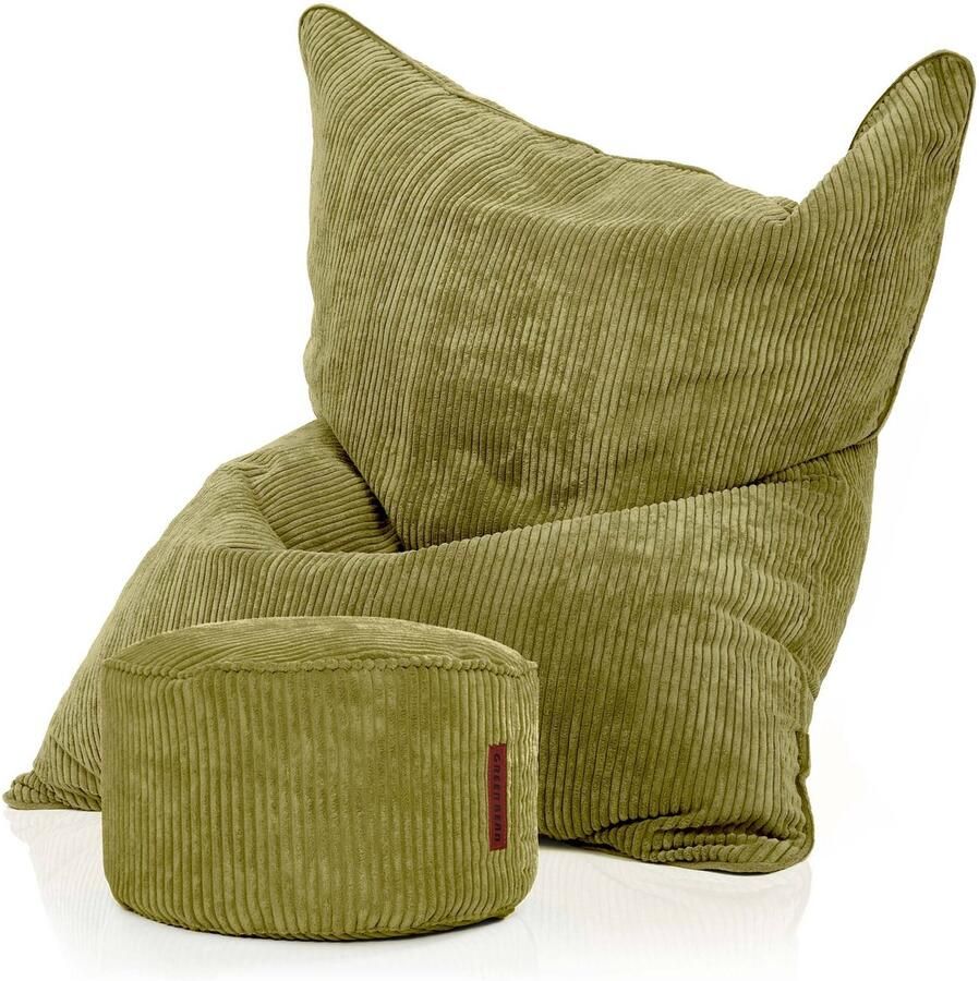 Green Bean XXL zitzak 140x180 cm met voetenbankje – gigantische zitzak van zachte corduroy stof – inclusief voetenbankje 45x25 cm – gevuld met EPS-korrels – lounge zitzak voor volwassenen gamen relaxen woonkamer