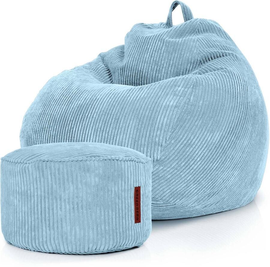 Green Bean Set van 2 XXL Zitzak Scoop voor binnen + poef met EPS-korrelvulling Voetenbank Voetkussen Kruk Vloerkussen Ligstoelkussen Zitkussen Loungestoel Lichtblauw