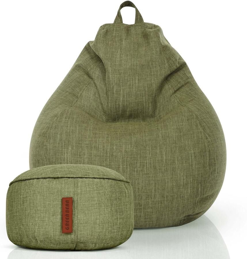 Green Bean Set van 2 XXL zitzakken voor binnen Home Linen + kruk met EPS-korrelvulling Groen
