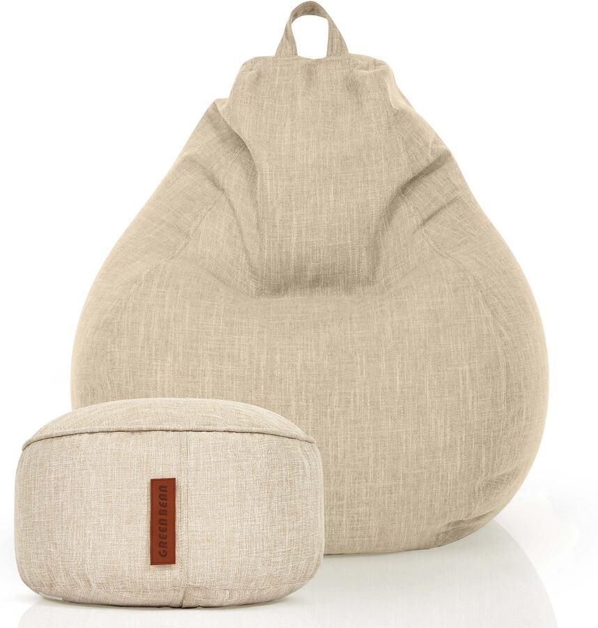 Green Bean Set van 2 XXL zitzakken voor binnen Home Linen + kruk met EPS-korrelvulling zandcrème