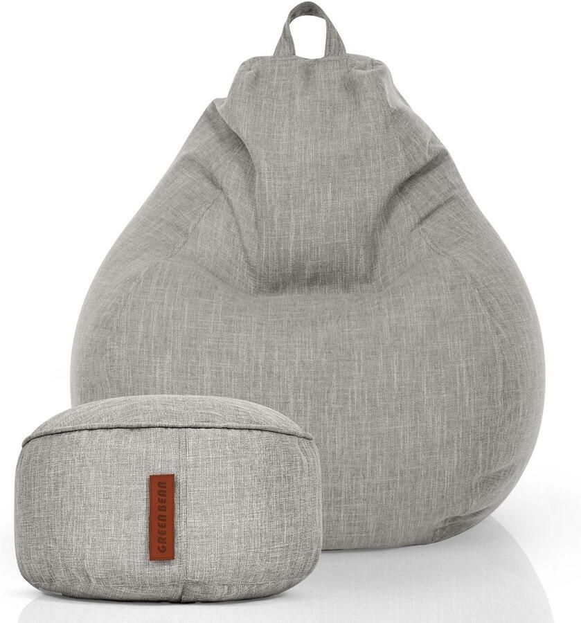 Green Bean Set van 2 XXL zitzakken voor binnen Home Linen + kruk met EPS-korrelvulling Zilvergrijs