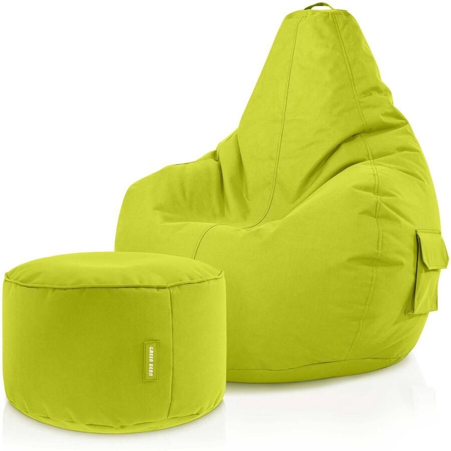 Green Bean Zitzak met rugleuning + kruk Cozy+Stay 80x70x90cm Gaming stoel met 230L EPS-korrelvulling Lichtgroen