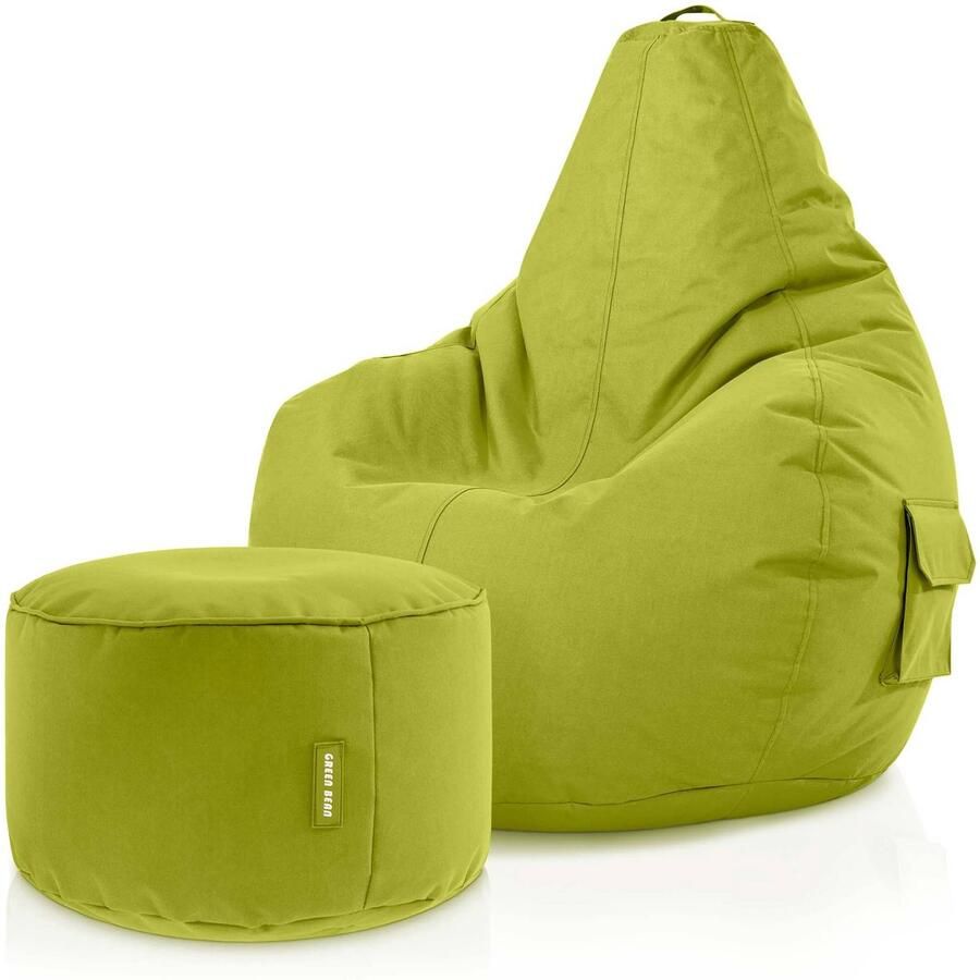Green Bean Zitzak met rugleuning + kruk Cozy+Stay 80x70x90cm Gaming stoel met 230L EPS-korrelvulling Groen